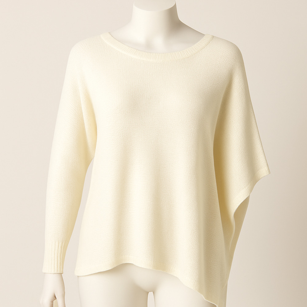 Elan Ivory One Sleeve Poncho Sweater Asymmetrical Lightweight Knit Chic Small
